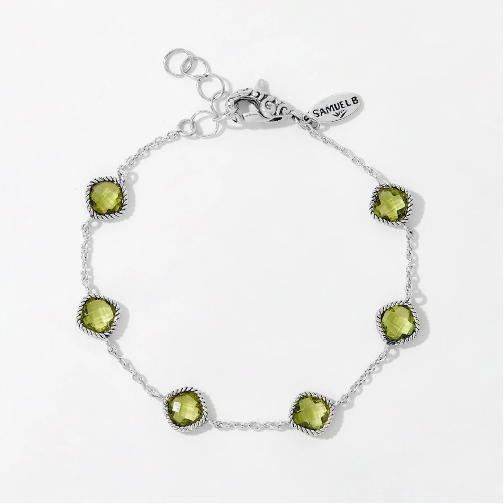 NWT Samuel B. Sterling Silver Cushion Cut Peridot Stone Station Bracelet